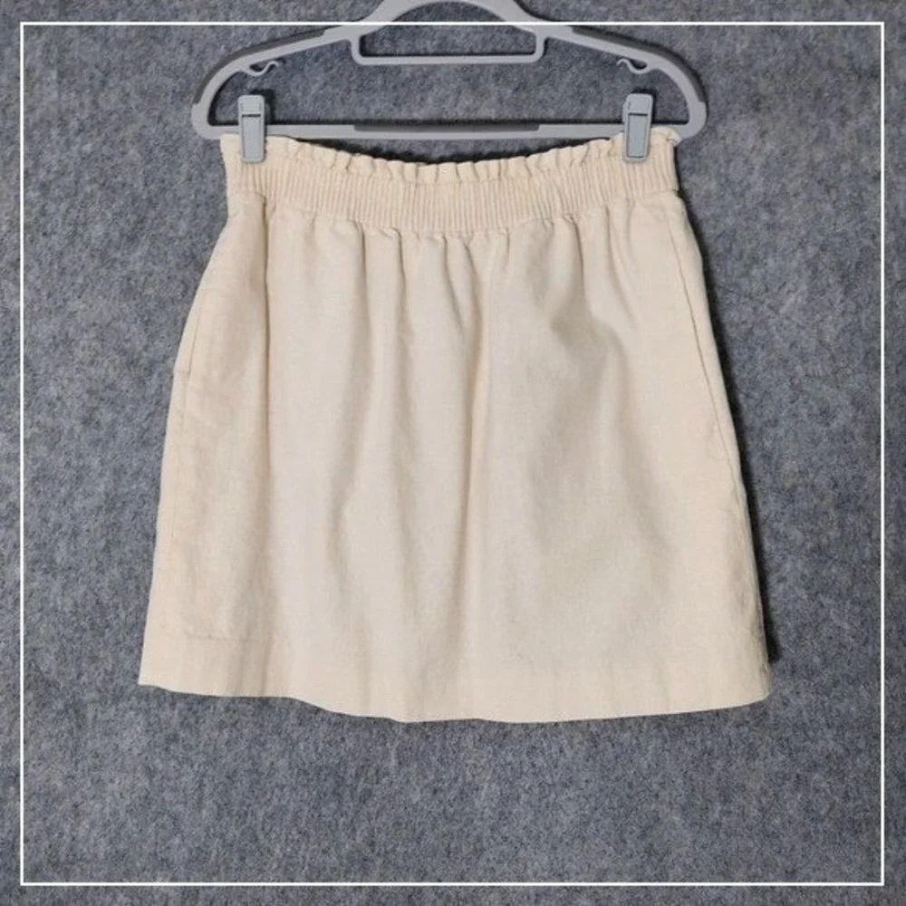 J.Crew Skirt Women 6‎ Beige Linen Paperbag Scallop Pocket Coastal Resort Mini